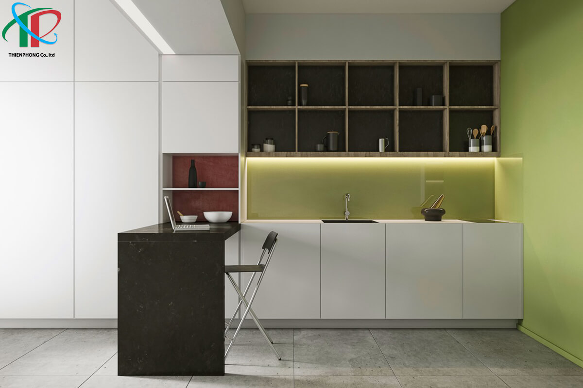 can-bep-mau-xanh-la-cay-va-trang-toi-gian