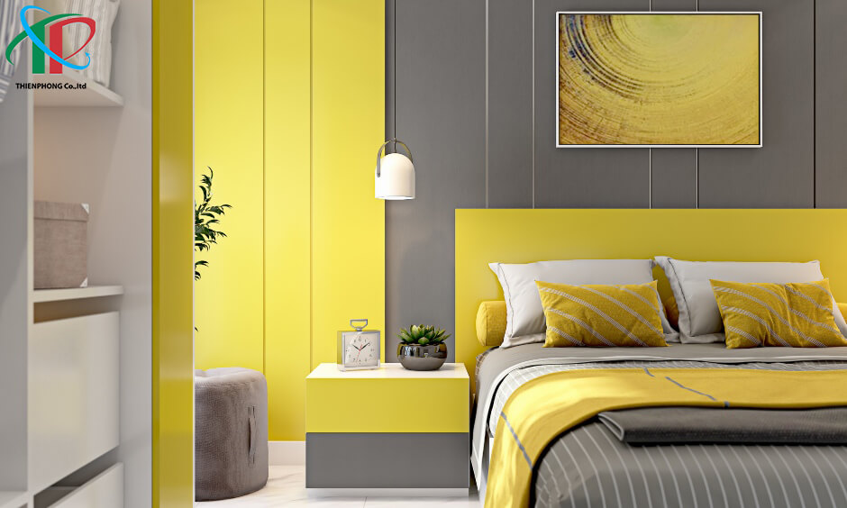 Phòng ngủ màu vàng và xám