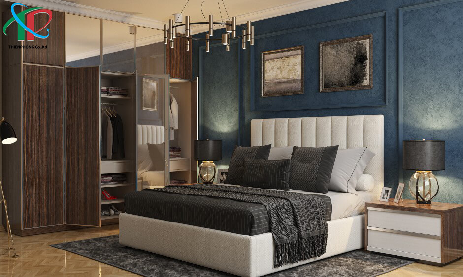 Thiết kế nội thất phòng ngủ màu xanh và trắng hiện đại