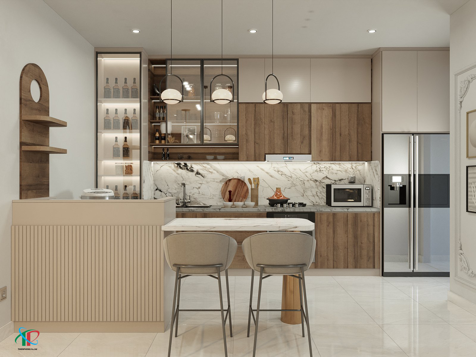 mẫu bếp chữ i màu sắc gỗ kết hợp với màu trắng đơn giản