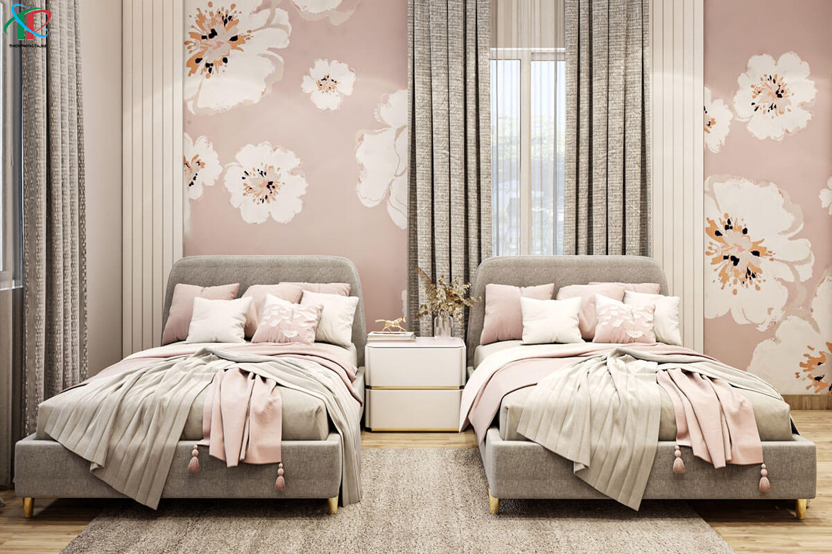 phong-ngu-mau-hong-voi-buc-tuong-hoa