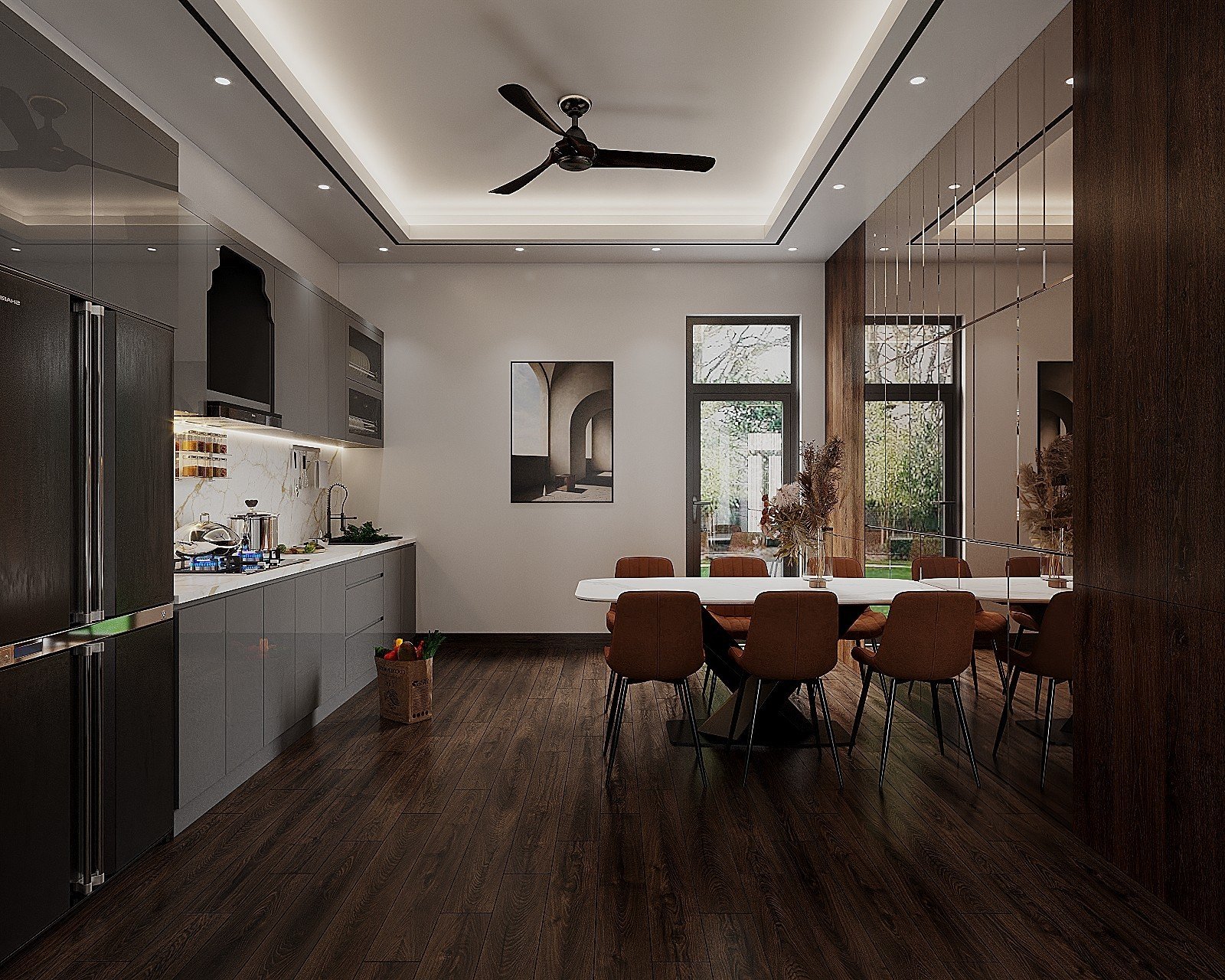 mẫu bếp chữ i màu xám giúp không gian thêm sang trọng